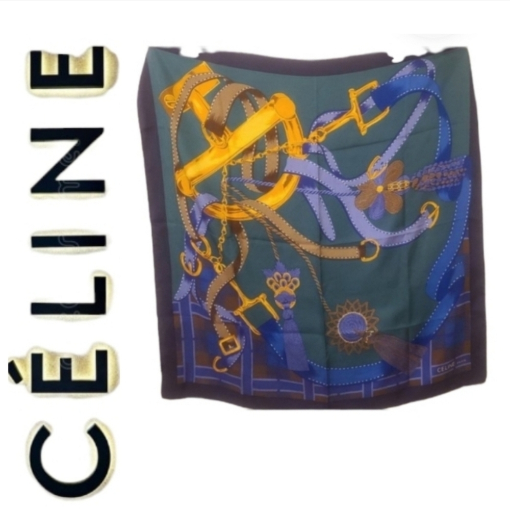 Celine Navy Blue Brown Gold Printed Silk Scarf - Picture 11 of 13